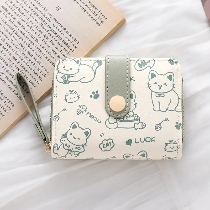 Cute Cat PU Leather Coin Purse Women Fashion Short Wallet Folding Zipper Wallet ID Card Holder Travel Lightweight Cash Coin Bags Good Vibrations
