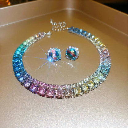 Luxury Crystal Necklace Earrings Set Pink ABcolourful Necklace for Women Weddings Party Jewelry Sets Accessories Good Vibrations Adult Super Store