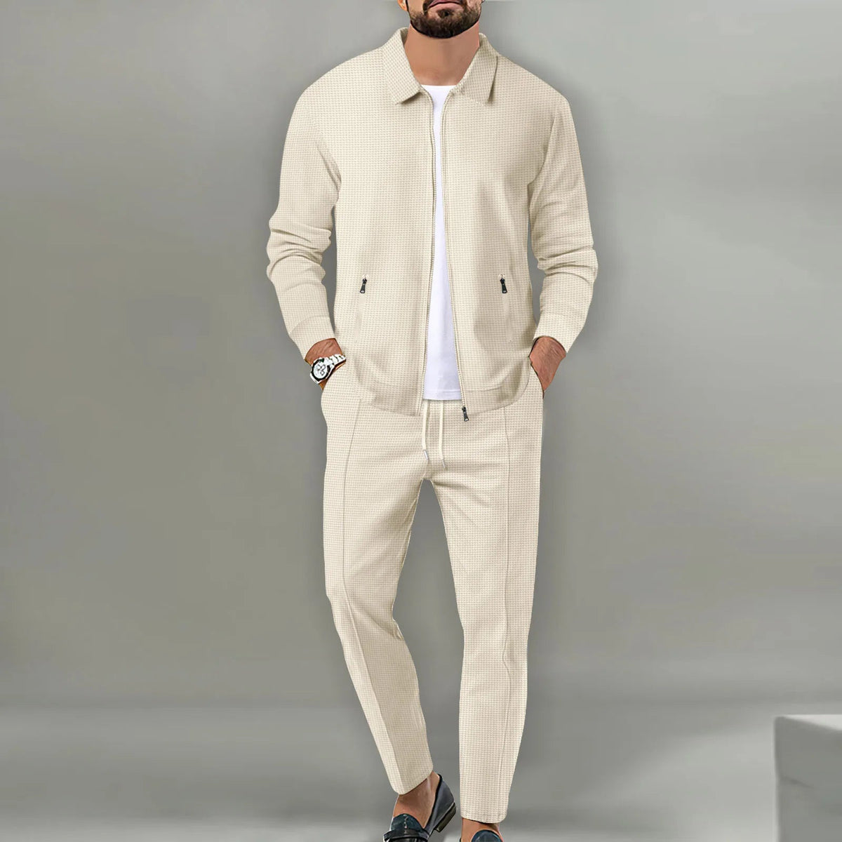2026 Coat Fall Waffle Zip Pocket Lapel Slim Cardigan Men's Jacket Set Good Vibrations