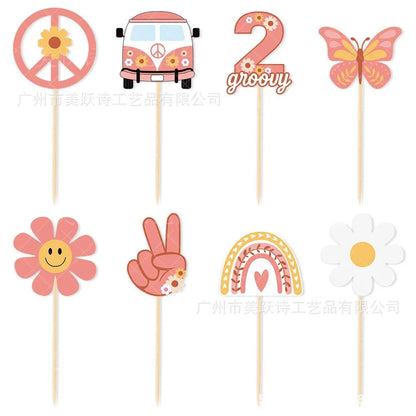 Hippie Party Cupcake Toppers Two Groovy Cupcake Dasiy Flower 60s Retro Boho Cake Decor for Hippie Two Groovy Theme 2nd Birthday Good Vibrations