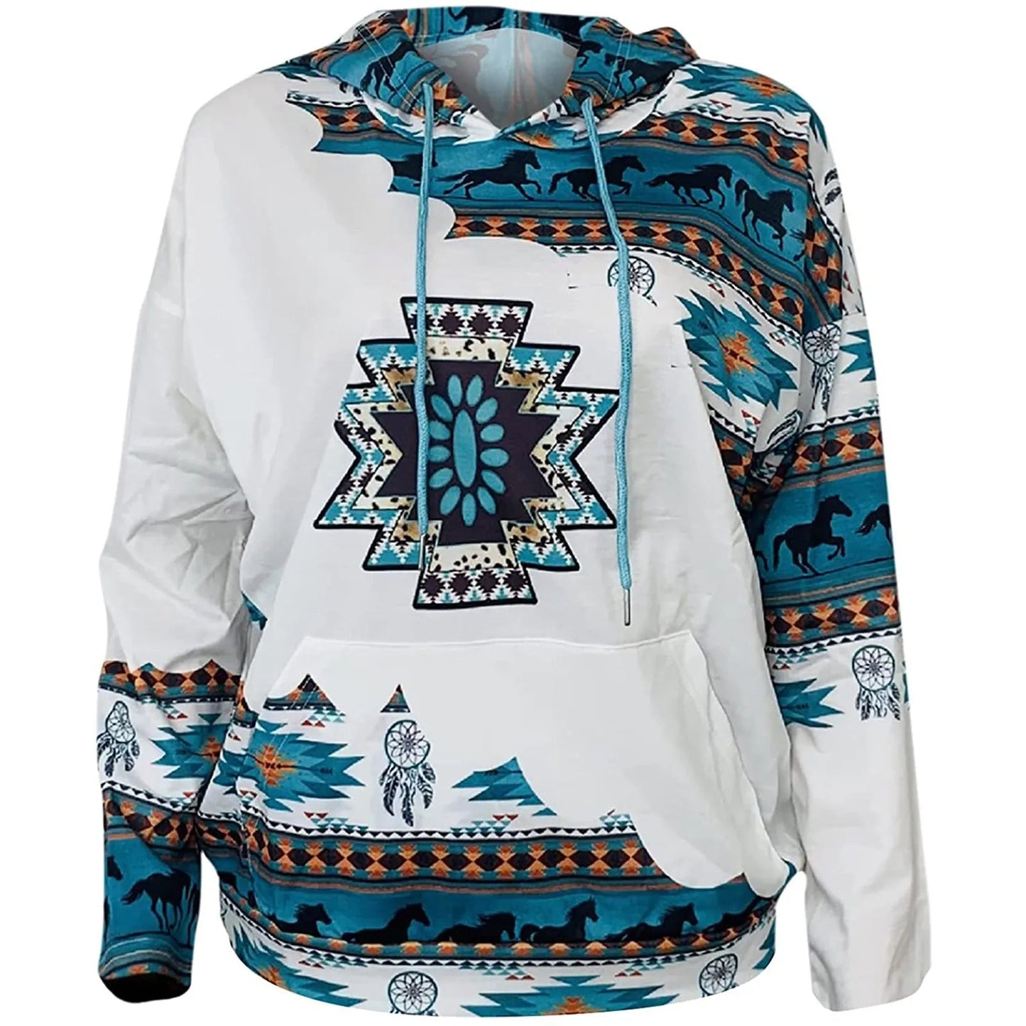 Womens Casual Geometric Horse Print Long Sleeve Drawstring Pullover Tops, Ethnic Style Hooded Sweatshirt Good Vibrations