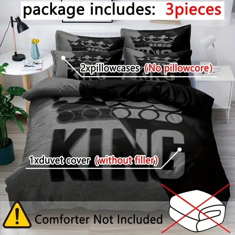 Grey and Black King Size Bed Pattern Down Duvet Cover Set, Soft and Comfortable Bedroom and Dormitory Decoration Bedding Set Good Vibrations