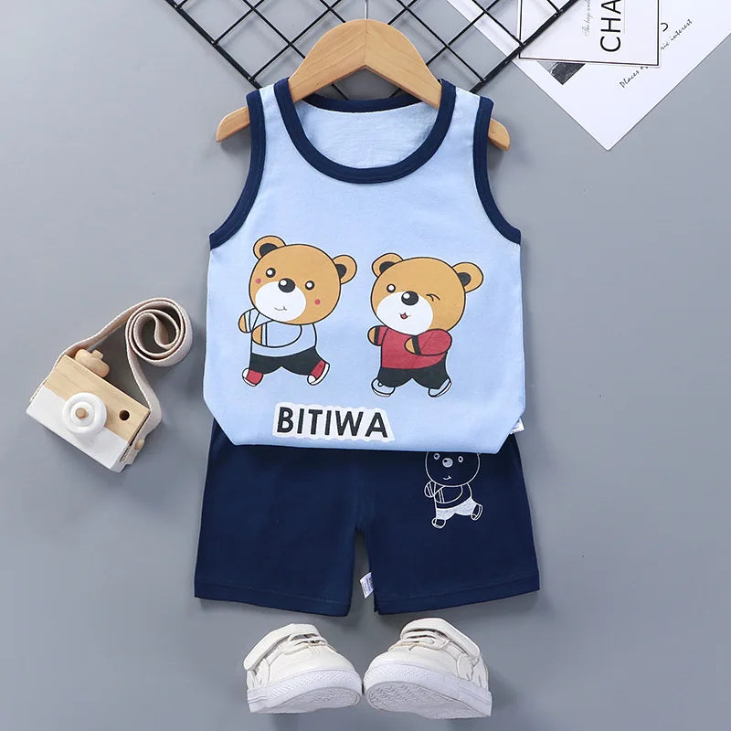 Children Sets Kids Clothes Boys Girls Vest Suit  Summer Children's Clothing baby Cotton T-Shirts Shorts Tank Top Sleeveless Good Vibrations