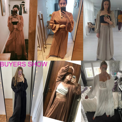 Women 3 Piece Sets Homewear Fashion Casual Lantern Sleeve Cardigan Tops+Wide Leg Pants Suits Lady Spring Soft Three Piece Outfit Good Vibrations
