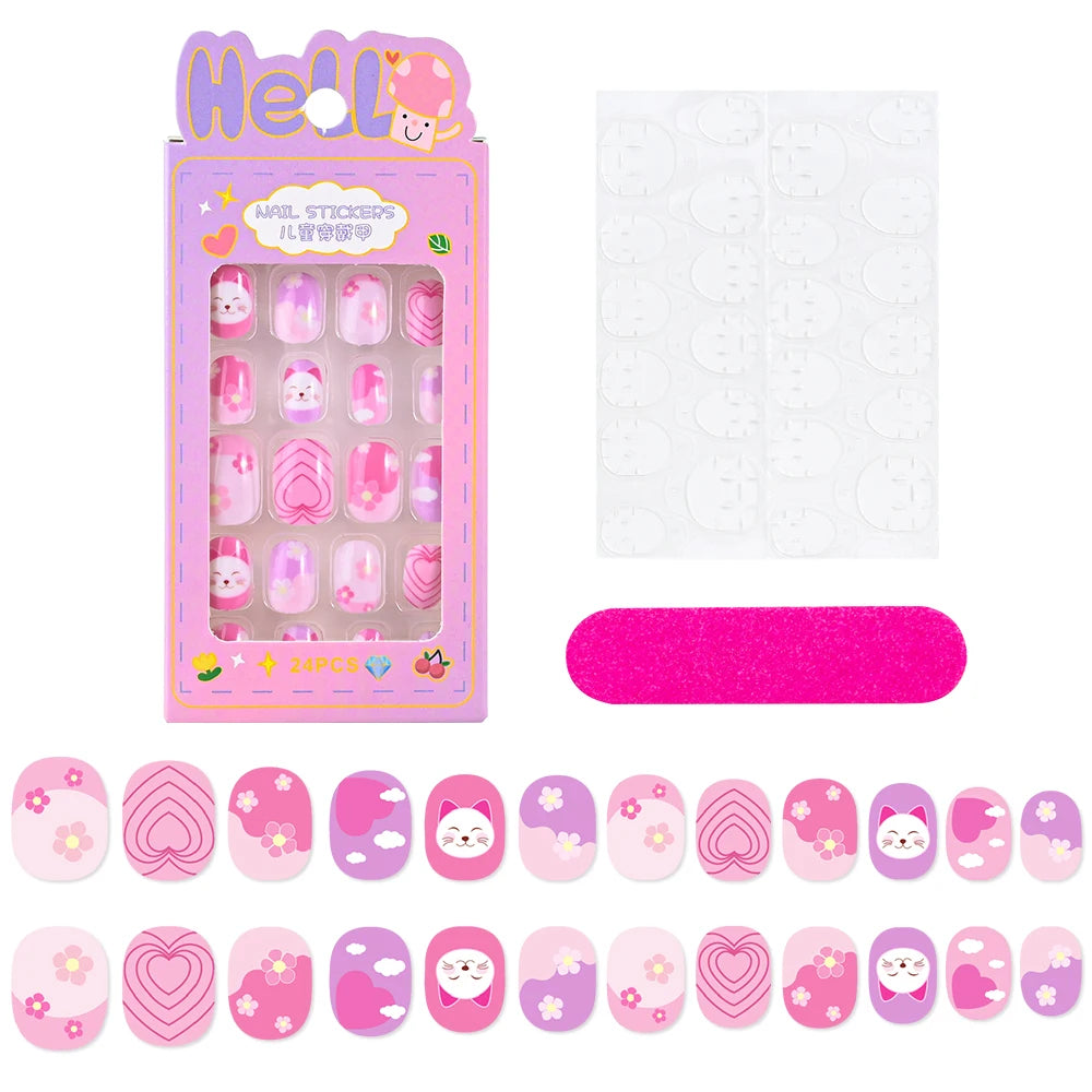 24Pcs/box Kids nails for Girl Cartoon Pattern False Nail Cute Child Fake Nails Tips Kawaii Acrylic Artificial Press on Nail+Tool Good Vibrations