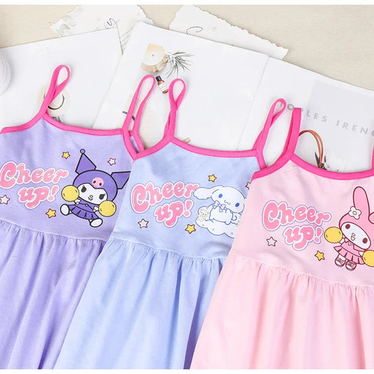 Sanrio Hello Kitty Girl Summer Cotton Fashion Kuromi Printed Slip Casual Comfortable My Melody Dresses Birthday Clothes Vestidos Good Vibrations