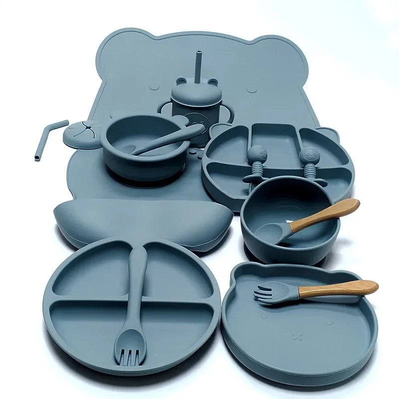 16pcs Dinner Plate Set Silicone Children's Tableware Set Baby Complementary Suction Cup Bowl Spoon Mother and Baby Good Vibrations