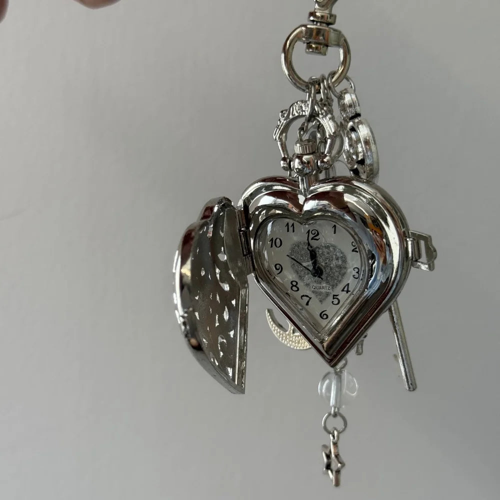 Original Hollow Heart Pocket Watch Chain keychain Design Steampunk Clock Vintage Necklace Pendant Jewelry Watch Men Women Gift Good Vibrations