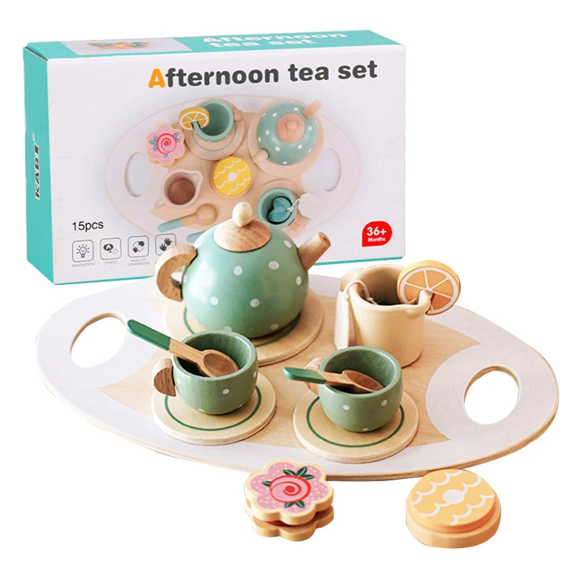 Wooden Afternoon Tea Set Toy Kitchen Accessories Tea Party Food Play Early Educational Toys for Toddlers Girls Boys Kids Gifts Good Vibrations