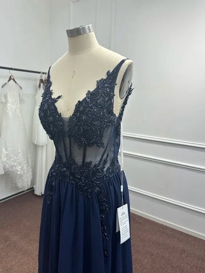 Spaghetti Straps Navy Blue A Line Evening Dresses 2025 Elegant Beaded Appliques Illusion Prom Gowns Formal Party Vestido De Gala Good Vibrations