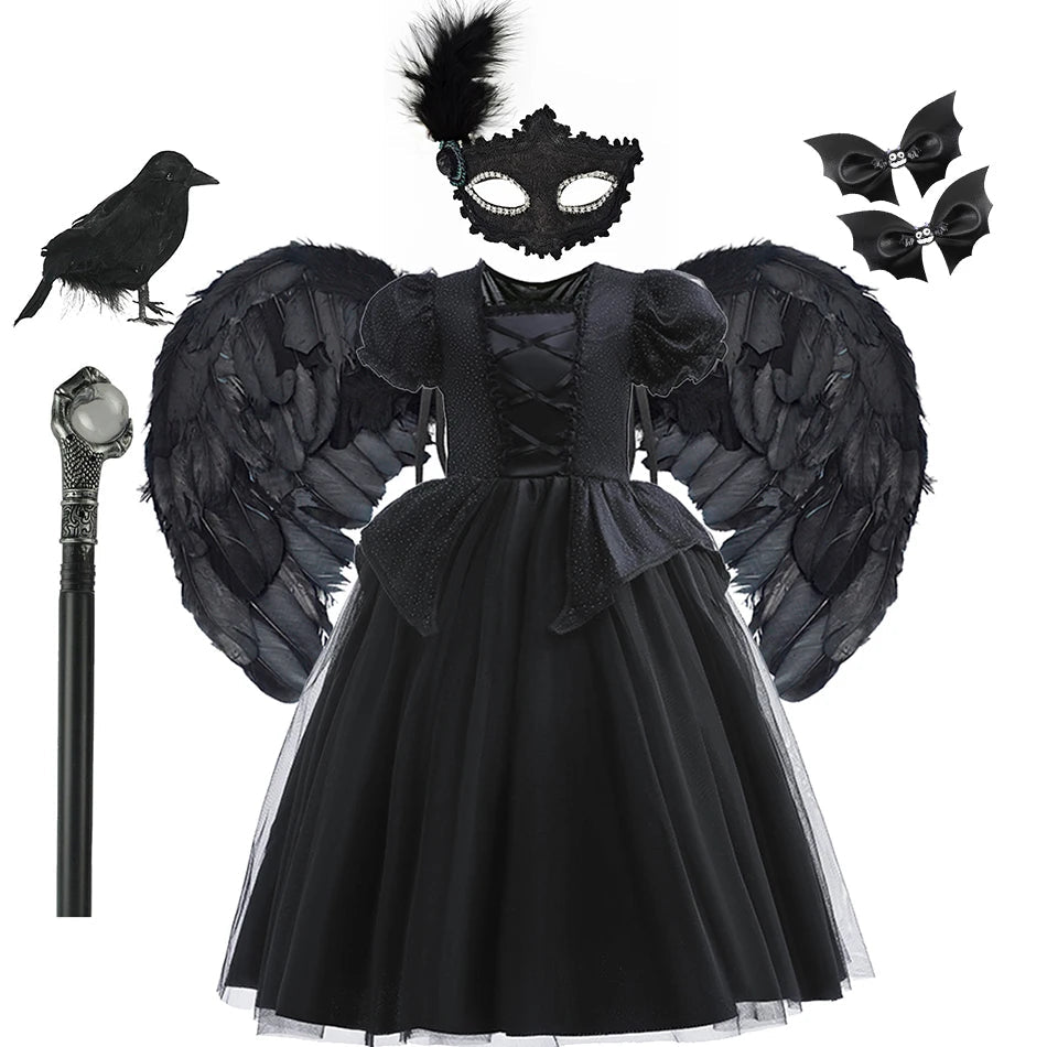 Halloween Costume For Kids Black Witch Dress Luxury Lace Sequin Evil Role Playing Costume Maleficent Dress Up Outfit Ghost Bride Good Vibrations