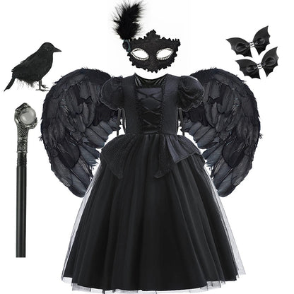Halloween Costume For Kids Black Witch Dress Luxury Lace Sequin Evil Role Playing Costume Maleficent Dress Up Outfit Ghost Bride Good Vibrations