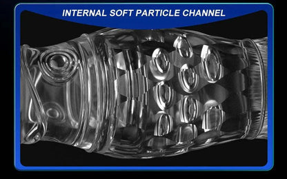 Transparent silicone male masturbator cup with internal soft particle channel design.
