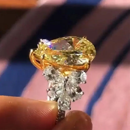 Elegant Yellow Water Drop Shaped Crystal Rhinestone Zircon Ladies Ring for Women Party Wedding Engagement Jewelry Size 6-10 Good Vibrations
