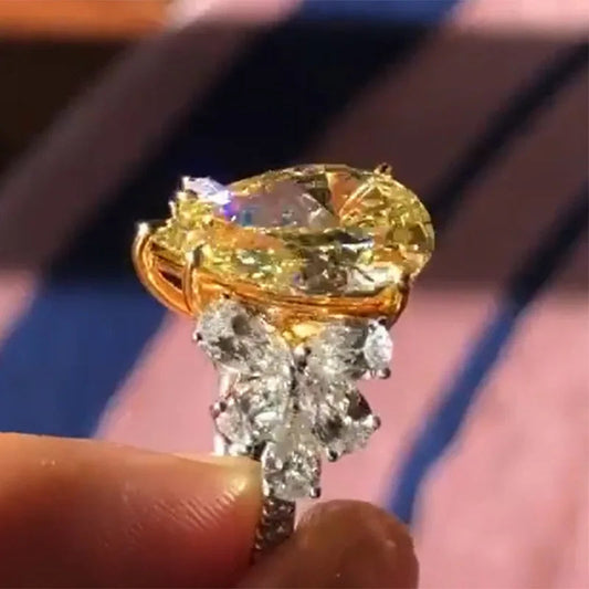 Elegant Yellow Water Drop Shaped Crystal Rhinestone Zircon Ladies Ring for Women Party Wedding Engagement Jewelry Size 6-10 Good Vibrations