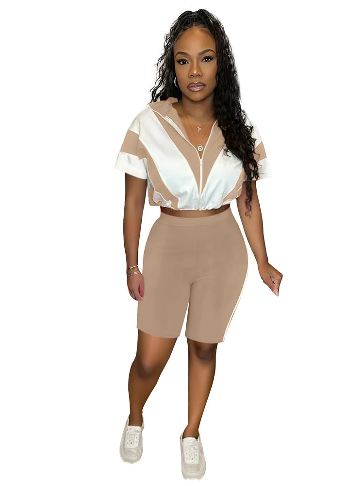 Colorblock Women Tracksuit Sets Short Sleeve Top and High Waist Tight Shorts Suit 2025 Summer Two 2 Piece Biker Short Set Outfit Good Vibrations
