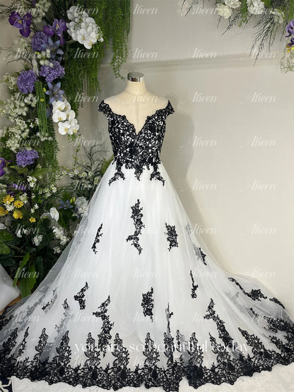 Wedding Dress Gala Dresses Woman Customized for Party Dresses for Prom Line A Black Decal White V Collar Evening Gown Luxury Good Vibrations