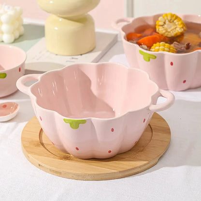 Cute Strawberry Ceramic Bowl Set For Home Use High Aesthetic Instant Noodles Salad Dessert Dining Tableware Kitchen Supplies Good Vibrations