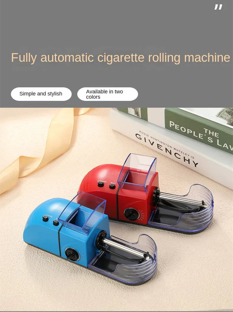 Fully automatic cigarette rolling machine in red and blue colors on display.