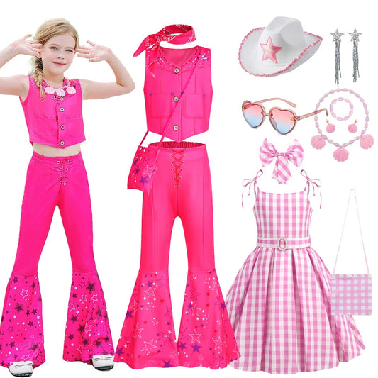 2023 Movie Pink Girl Costume Hot Starry Top Pants Set for Girl Ladies Halloween Birthday Party Princess Kid Costume 3PCS Good Vibrations