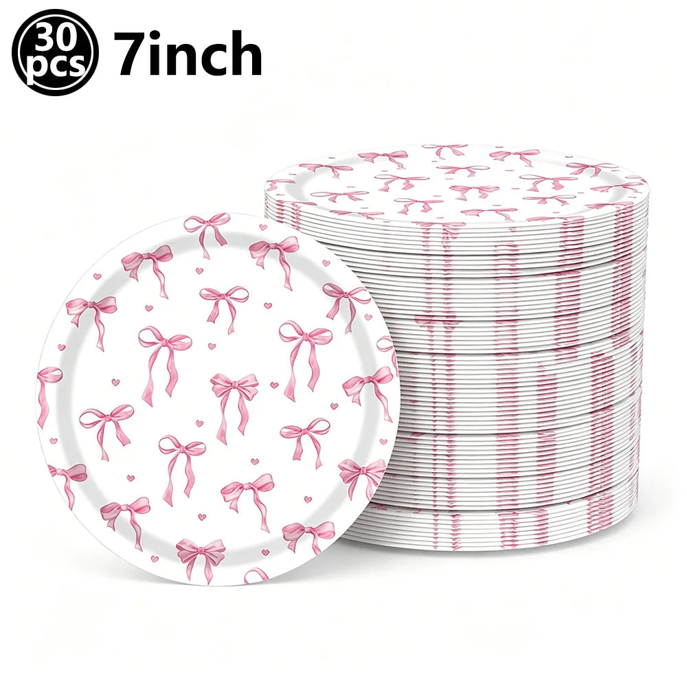 Pink Banner Happy Birthday Bow Balloon Straw Disposable Paper Plate Napkin Cup Tableware Princess Girl Birthday Party Supplies Good Vibrations