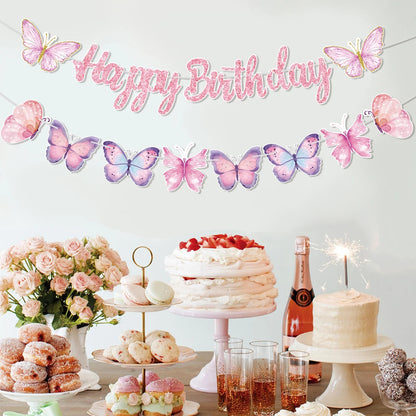 Pink Happy Birthday Banner With Butterfly Dancing Hanging Pendant Garlands  Girls Princess 1st Happy Birthday Party Decorations Good Vibrations