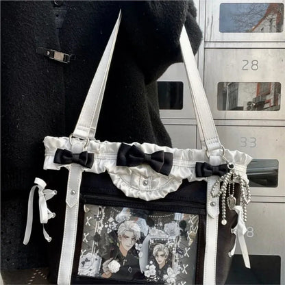 JIAERDI Lolita Cute Bow Shoulder Bag Ladies Harajuku Leather Square Large Capacity Ita Bag Anime Handle Purse Y2K Tote Bag 2025 Good Vibrations