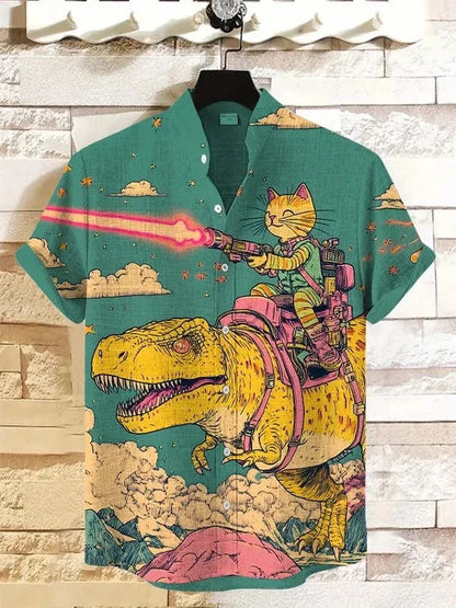 Men's Cat Graphics Shirts Short Sleeved Button Down Lapel Shirt For Summer Oversized Tops Vacation Casual Hawaiian Shirts Good Vibrations
