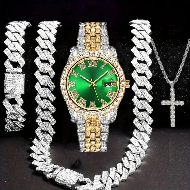 4pcs/set Mens Bling Wrist Watch & Hip Hop Cuban Chain Necklace Set - Rhinestone Accented, Round Dial, Electronic Quartz Movement Good Vibrations