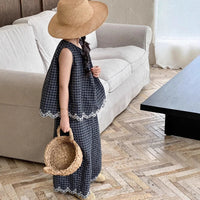 Girls' Summer Outfit New Kids Temperament Plaid Lace Vest+Wide Leg Pants Two-piece Set Trendy Children's Clothing Sets Good Vibrations