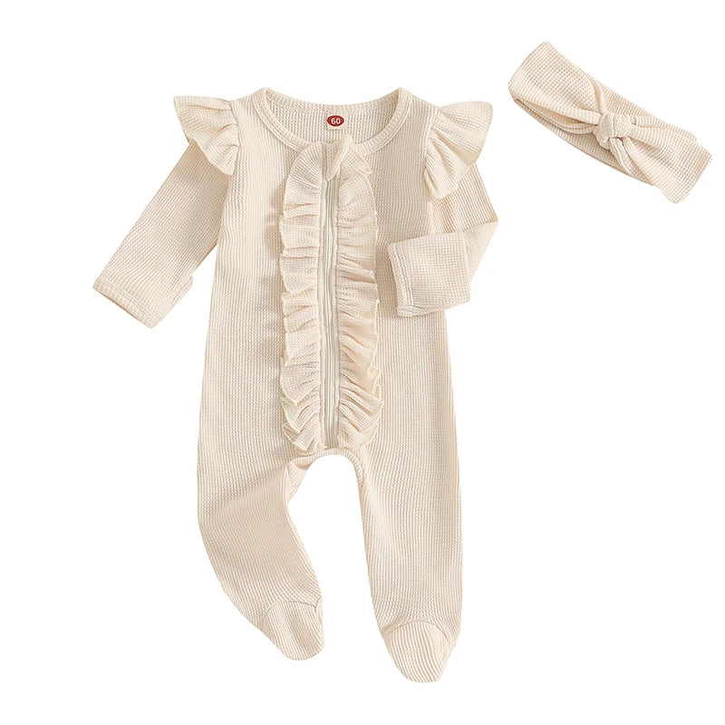 Spring Autumn Baby Toddler Girls Jumpsuit Infant Newborn Baby Girls Long Sleeve Crew Neck Ruffles Footies Rompers Baby Clothes Good Vibrations