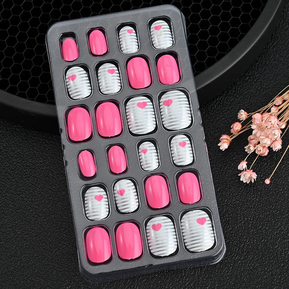 24Pcs/box Kids nails for Girl Cartoon Pattern False Nail Cute Child Fake Nails Tips Kawaii Acrylic Artificial Press on Nail+Tool Good Vibrations