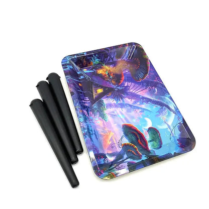 Rolling tray 18x12.5cm with colorful design and smell-proof tubes; metal tinplate container for cigarette accessories.