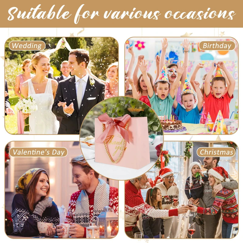 20/30/50pcs Thank You Gift Bags Reusable Paper Party Bags with Handles Gold Bow Ribbon Mini Pink Party Favor Bags for Birthday Good Vibrations