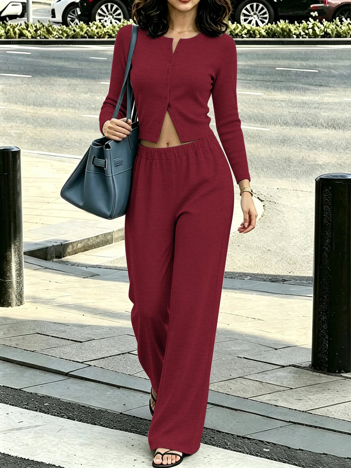 Women's Two Piece Outfit, Round Neck Button Front Long Sleeve Crop Top & Elastic Waist Wide Leg Casual Pants Set Good Vibrations
