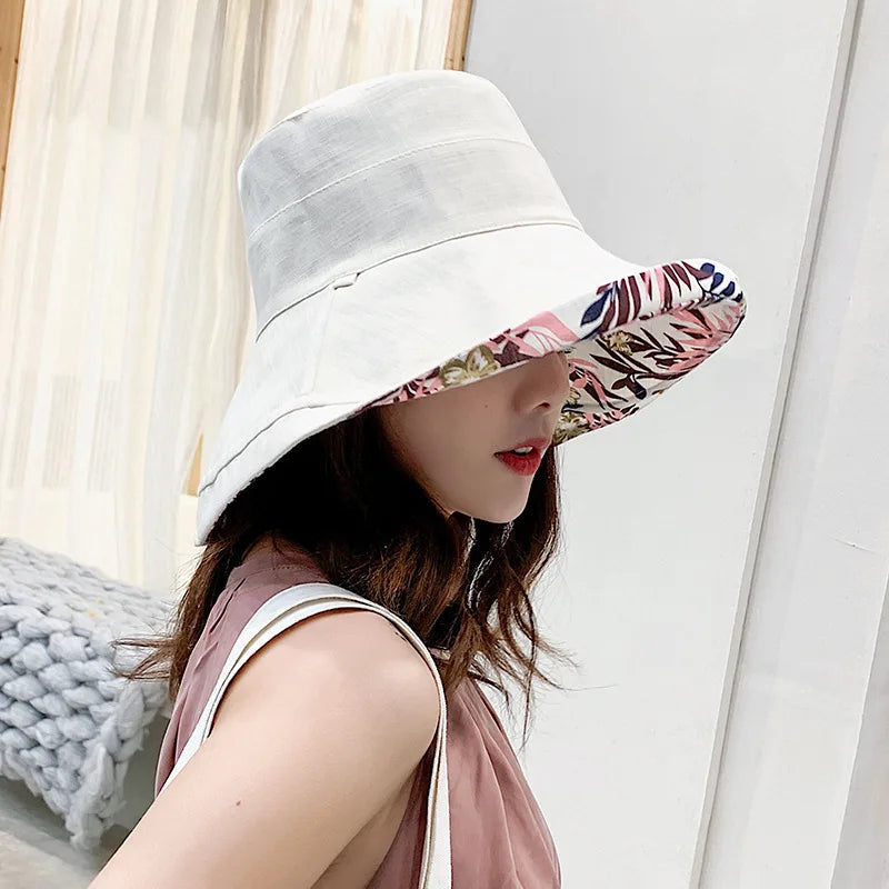 Women Bucket Hat, Elegant Flower Print Wide Brim Sun Visor Hat Lightweight Summer Panama Cap Good Vibrations