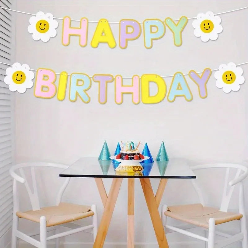 1Pc Daisy Happy Birthday Banner Colorful Flag Garland Kids Adults Birthday Scene Decor Photo Booth Prop Good Vibrations