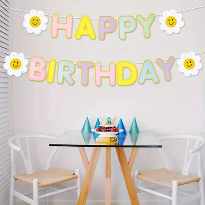 1Pc Daisy Happy Birthday Banner Colorful Flag Garland Kids Adults Birthday Scene Decor Photo Booth Prop Good Vibrations