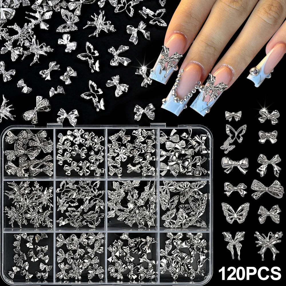 120pcs/box 3D Gold Bow Butterfly Nail Metal Charms Shiny Cute Bowtie/Diamond Star Nail Jewelry 120 Luxury Nail Art Supplies #RE4 Good Vibrations