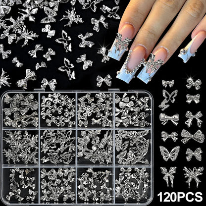 120pcs/box 3D Gold Bow Butterfly Nail Metal Charms Shiny Cute Bowtie/Diamond Star Nail Jewelry 120 Luxury Nail Art Supplies #RE4 Good Vibrations
