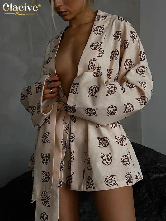 Clacive Fashion Loose Print 2 Piece Sets Womens Outfits Casual Lace-Up Long Sleeve Robes With High Waist Shorts Set Homewear Good Vibrations