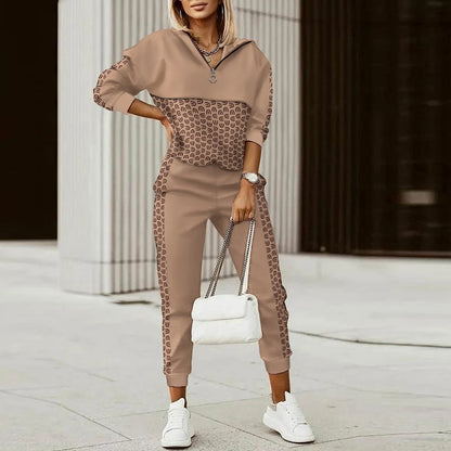 New 2022 Women Fashion Plaid Print Splicing Zipper Front Hooded Top & Pants Set Elegant Two Pieces Suit Flare Pants Outwear Good Vibrations