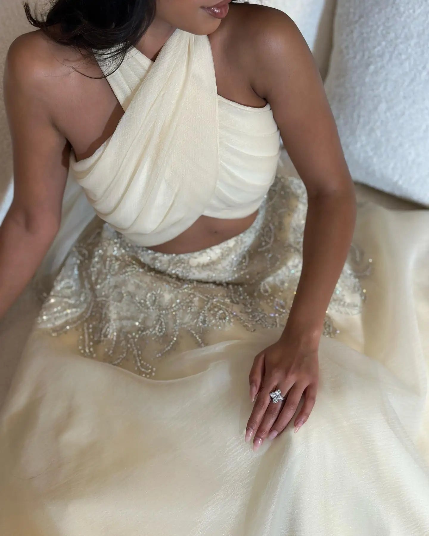Sharon Said Saudi Arabic Beige Halter Evening Dresses for Wedding Dubai Crystal Long Formal Gowns Party Dress SS444 Customized