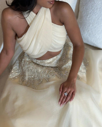 Sharon Said Saudi Arabic Beige Halter Evening Dresses for Wedding Dubai Crystal Long Formal Gowns Party Dress SS444 Customized