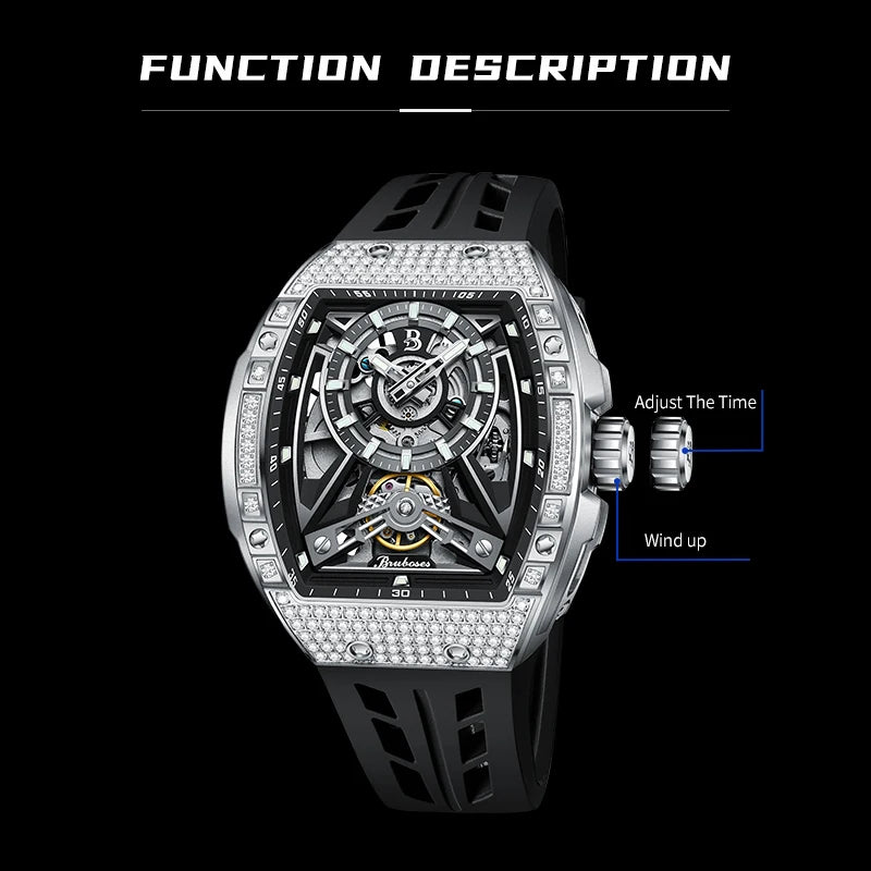 Men Mechanical Winding Watch Montre Homme 2024 New BRUBOSES 5ATM Water Resistant Luminous Tonneau Quartz Wristwatch WIth Diamond Good Vibrations