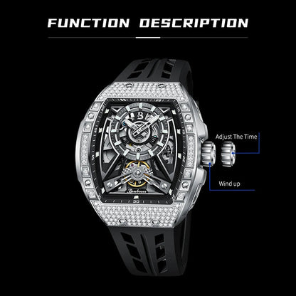 Men Mechanical Winding Watch Montre Homme 2024 New BRUBOSES 5ATM Water Resistant Luminous Tonneau Quartz Wristwatch WIth Diamond Good Vibrations