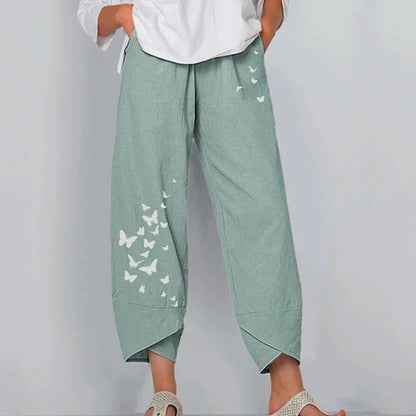 Vintage Print Pants Women Fashion Irregular Casual High Waist Elastic Waist Straight Loose Trousers Summer Lady Cargo Pantalon Good Vibrations