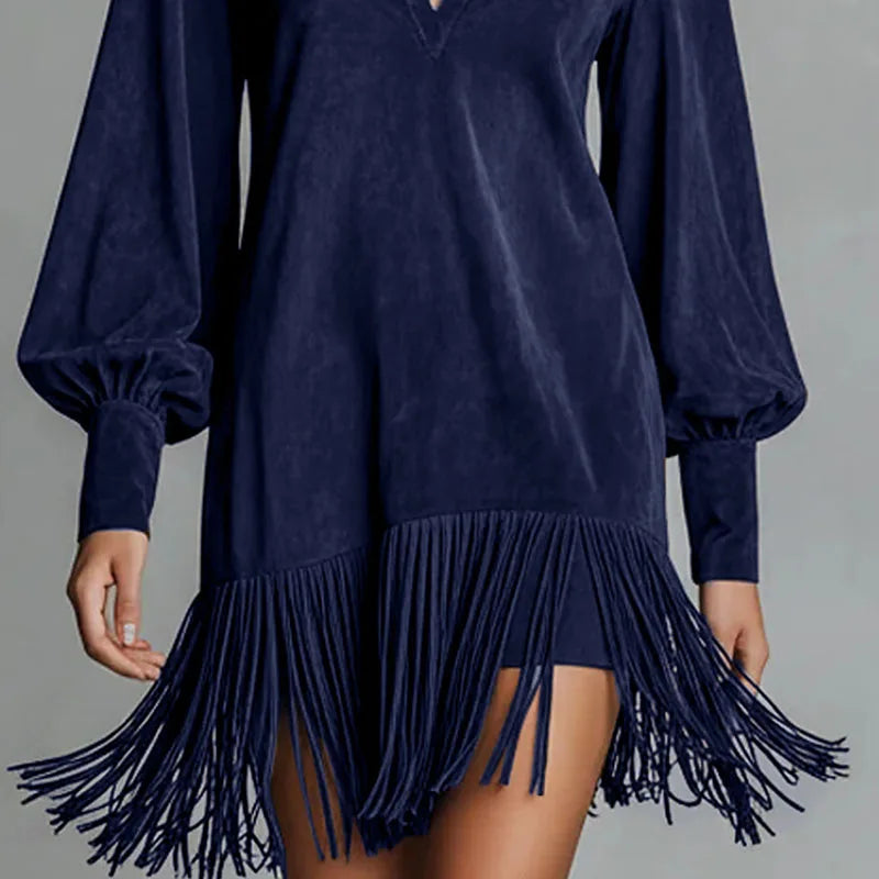 Spring Retro Solid Imitation Suede Tassel Dress Woman Sexy Lapel Hollow A-Line Mini Dress Autumn Long Sleeve Elegant Party Dress Good Vibrations