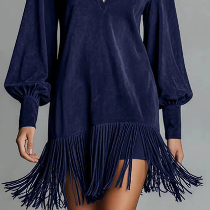 Spring Retro Solid Imitation Suede Tassel Dress Woman Sexy Lapel Hollow A-Line Mini Dress Autumn Long Sleeve Elegant Party Dress Good Vibrations