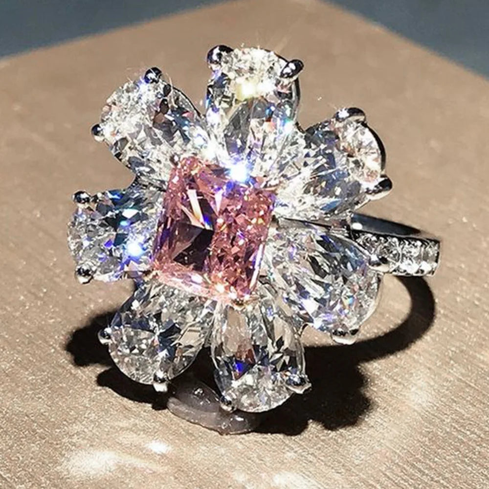 Pink Cubic Zirconia Ring Suitable for Women's Engagement Wedding Luxury Accessories Sparkling Silver Fashion Jewelry Good Vibrations